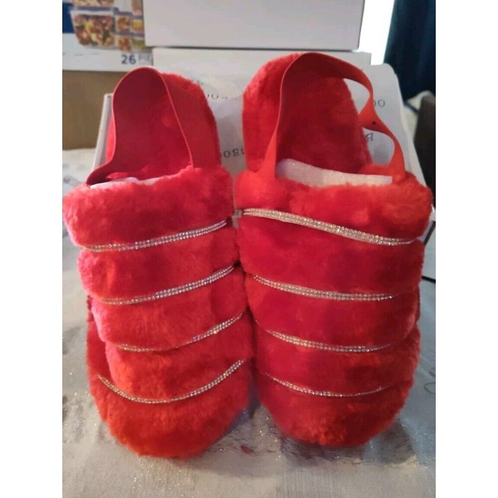 Bamboo Women's Red Fur Rhinestone Slingback Slippers Comfy Warmness Size 6.5